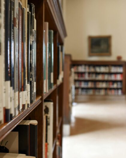 Up-close of library bookshelf