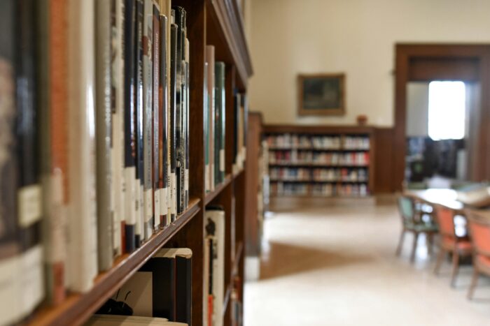 Up-close of library bookshelf