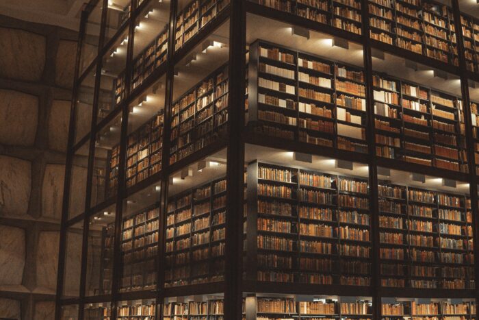 Multiple stories of bookshelves in dim lighting