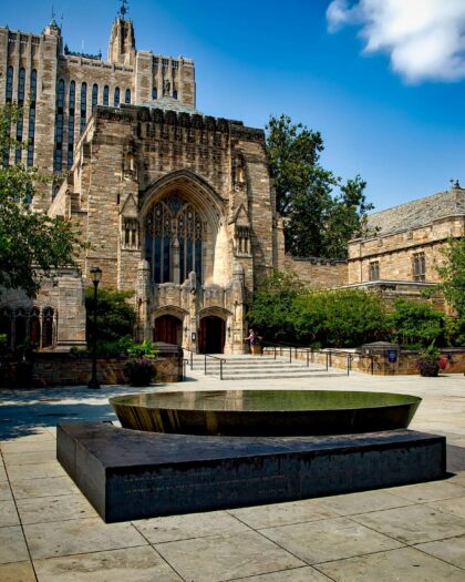 Yale Law School building with courtyard and fountain