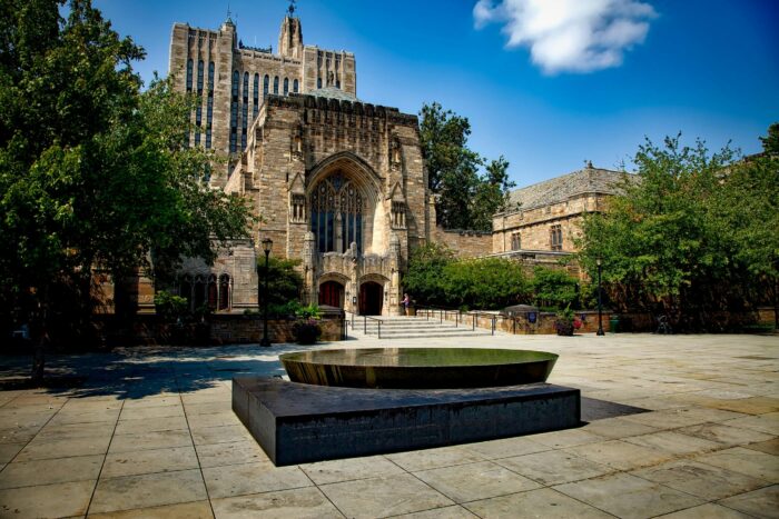 Yale Law School building with courtyard and fountain