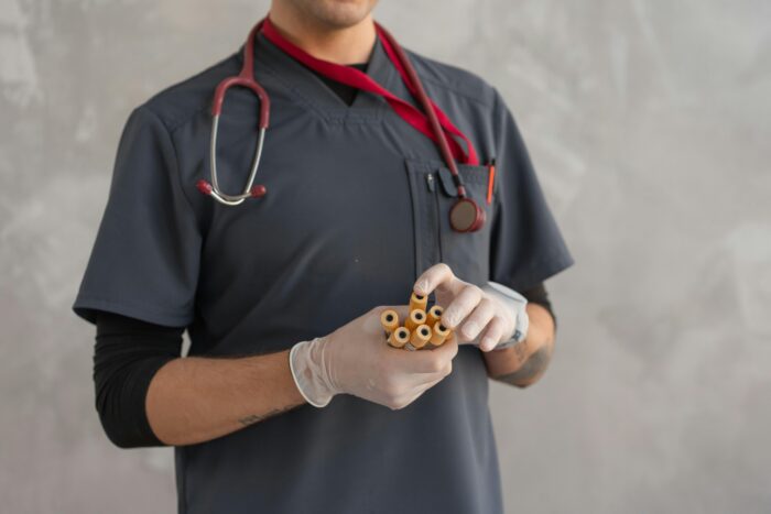 A male surgeon wearing a stethoscope and gloves holds injections on his hand