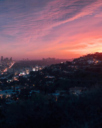 View of the Los Angeles skyline from afar, just before sunrise