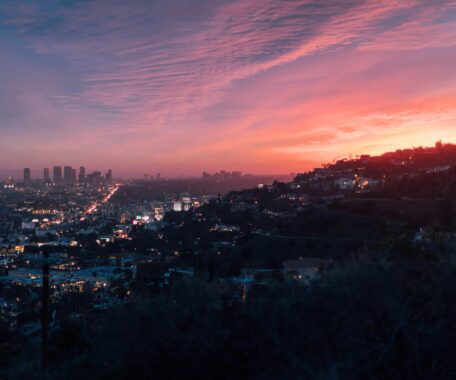 View of the Los Angeles skyline from afar, just before sunrise