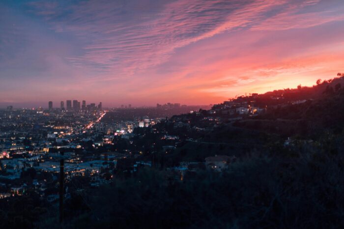 View of the Los Angeles skyline from afar, just before sunrise