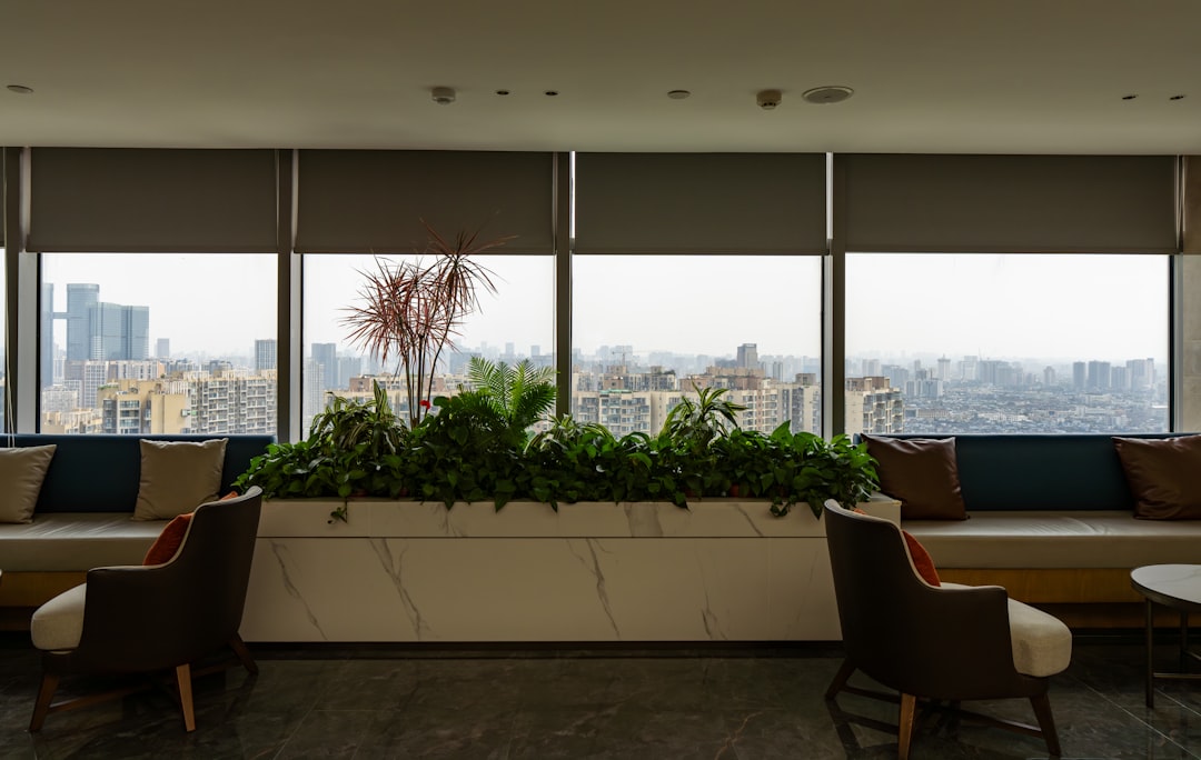 Modern lounge area with city view and plants