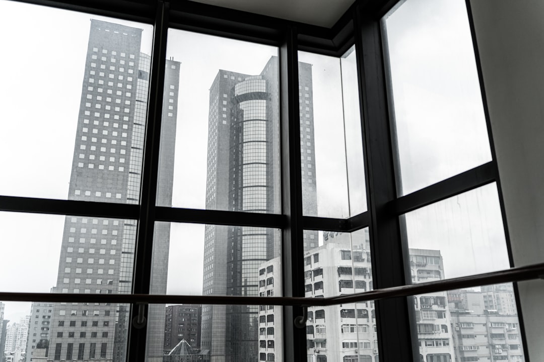 Modern skyscrapers seen through large windows